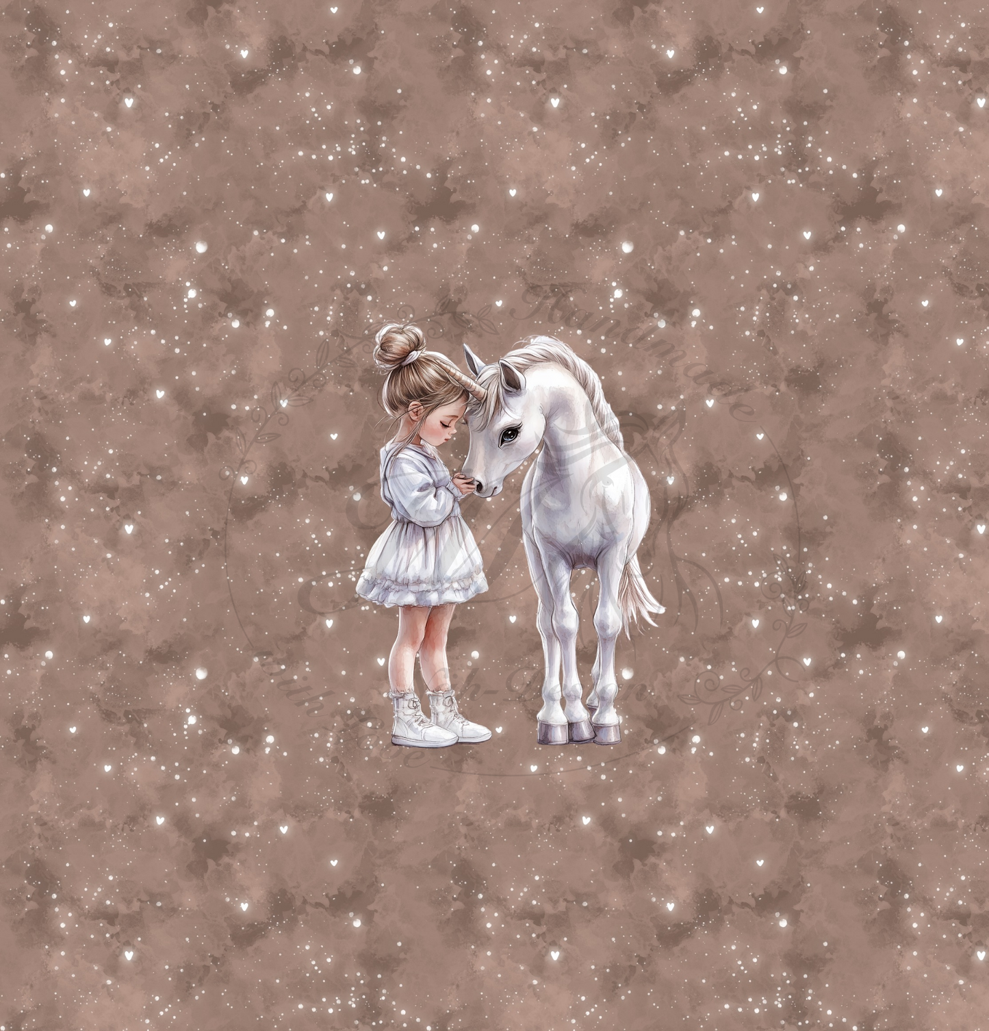 Lagerware - White Unicorn with Girl - Panel ca. 50 x 48 cm - Bio French Terry