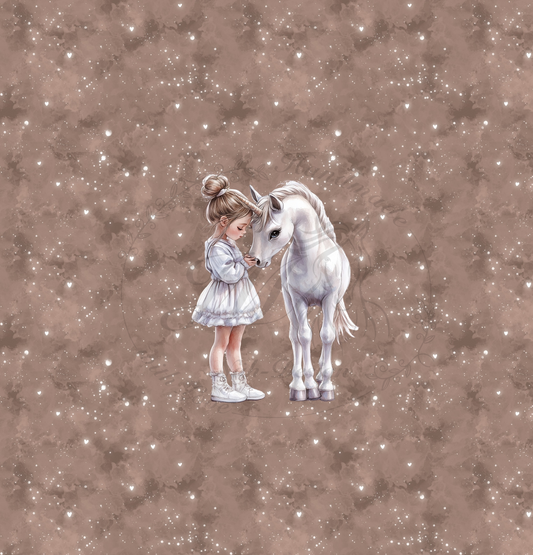Lagerware - White Unicorn with Girl - Panel ca. 50 x 48 cm - Bio French Terry