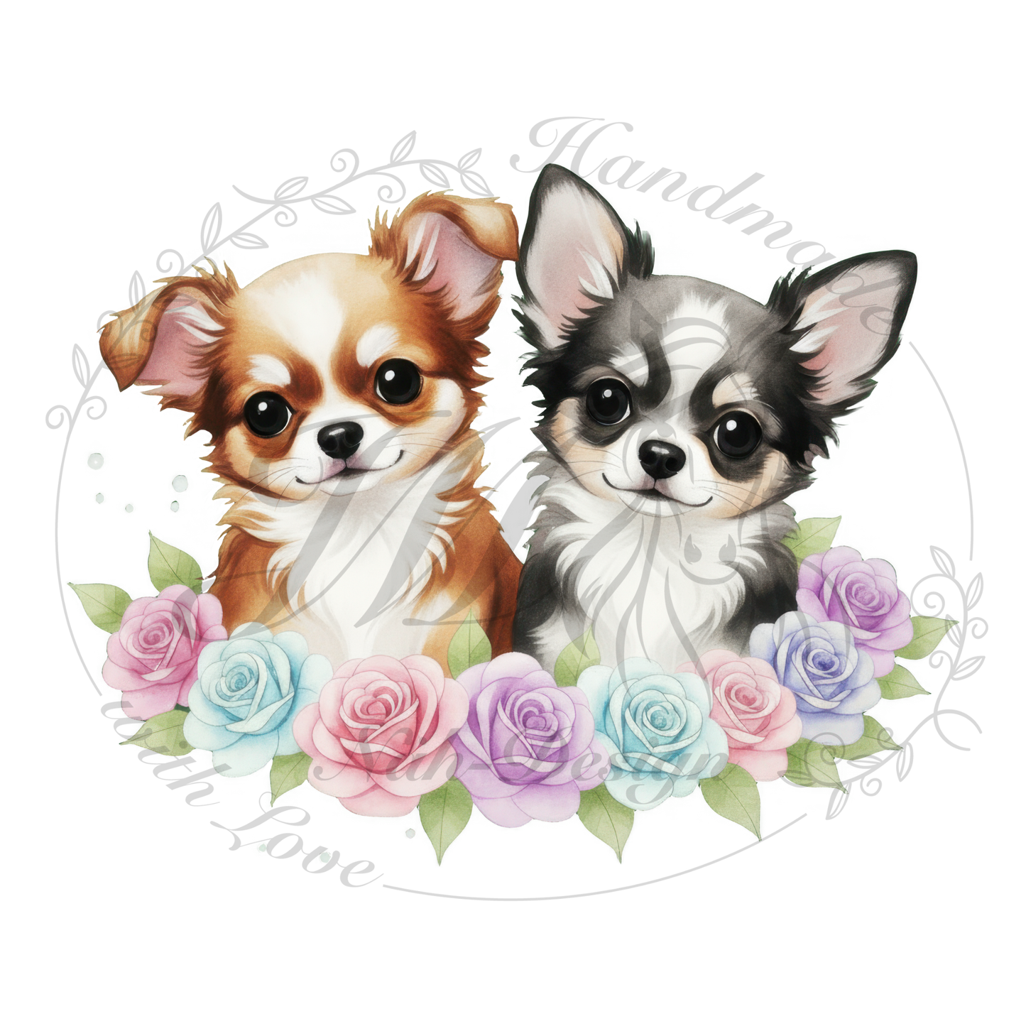 Bügelbild Blumen Chihuahuas