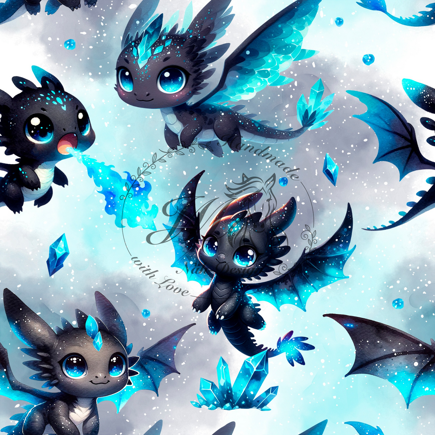 Lagerware - Mystical Blue Dragons - 0,5 Meter Bio Jersey